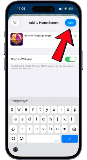 Selecting Add to Home Screen in Safari to create a Buffalo King Megaways shortcut on iPhone
