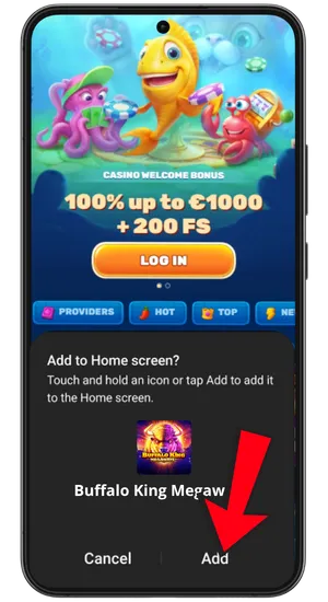 Selecting Add to Home Screen to place Buffalo King Megaways icon on a mobile device