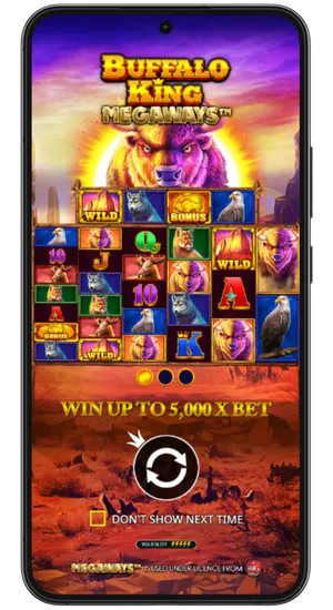 Tapping the home screen shortcut to launch Buffalo King Megaways slot directly without searching